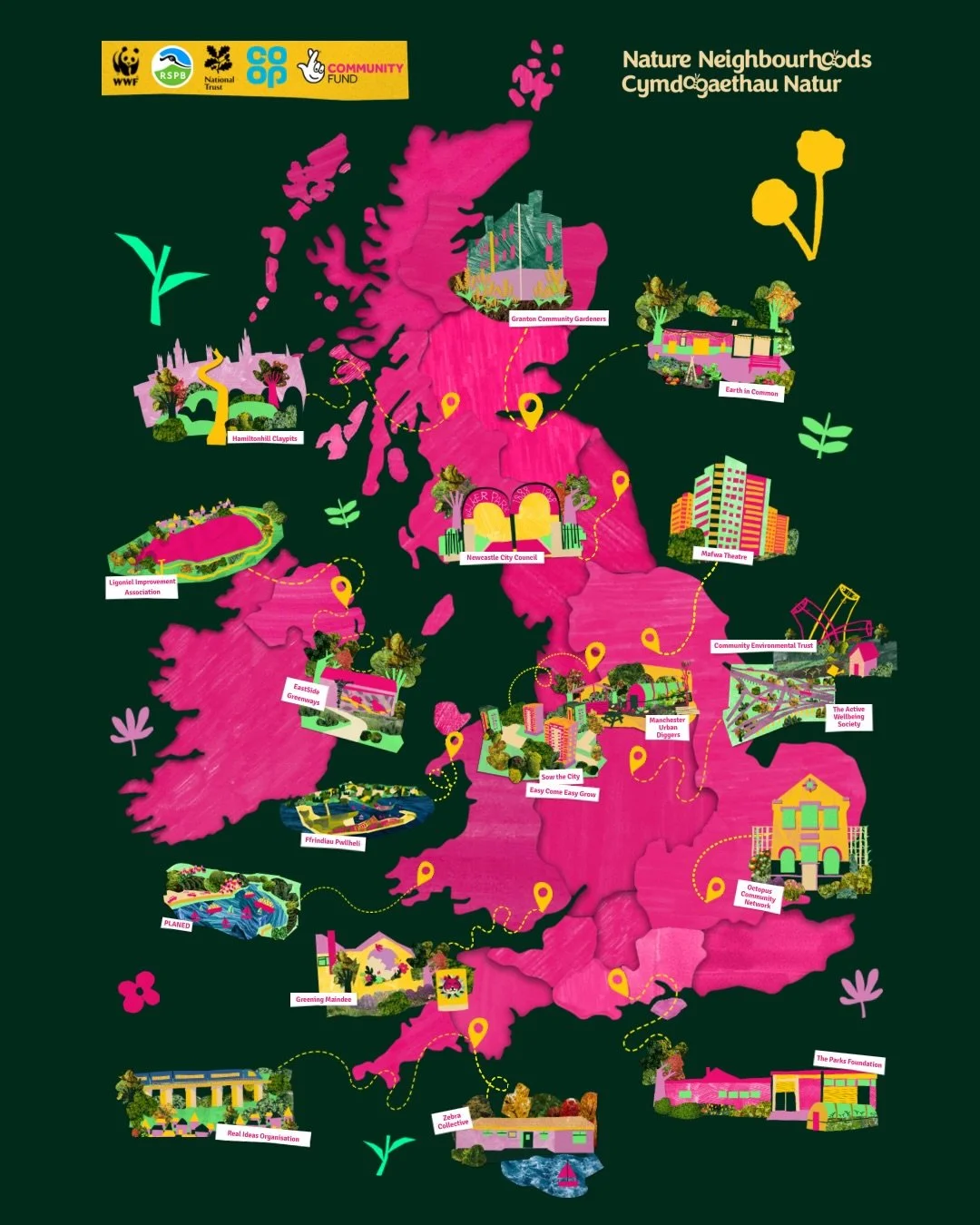 📍A fun creative project from last year 🌻

We were invited to create an illustrated map for the final Nature Neighbourhoods gathering, bringing together all 18 organisations involved in the project

Nature Neighbourhoods was a UK-wide network of com