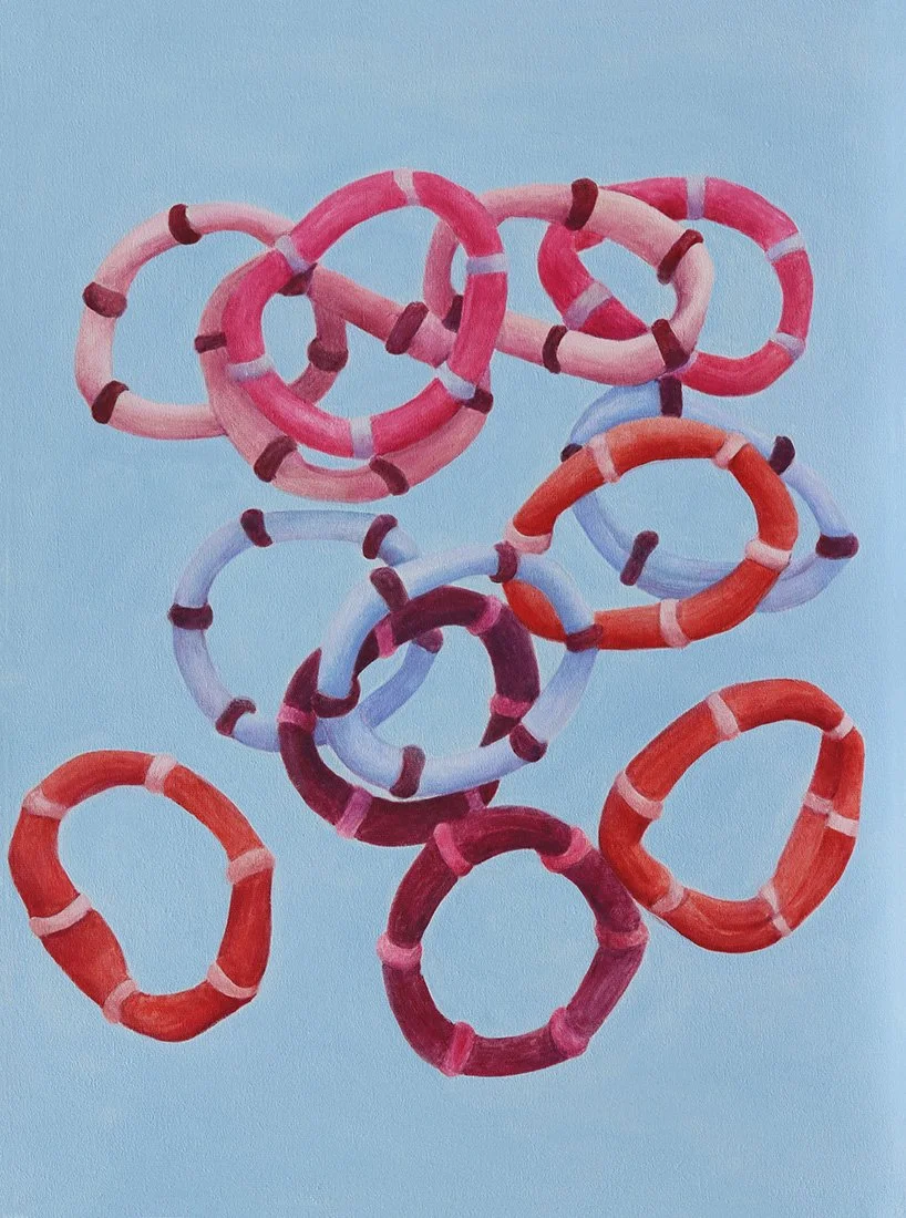 Bands, scattered (bought for the cat to play fetch), oil on canvas, 40x30cm