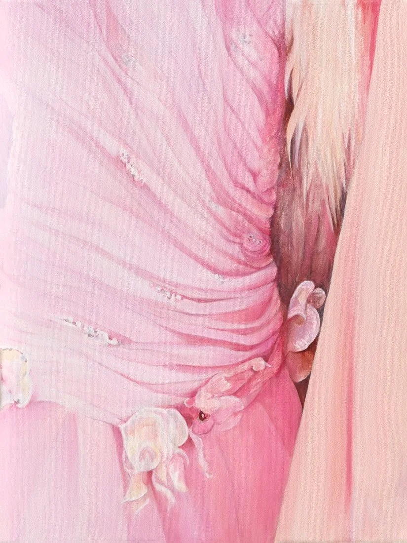 Soft belly (with hand sewn pearls and feathers), oil on canvas, 40x30cm