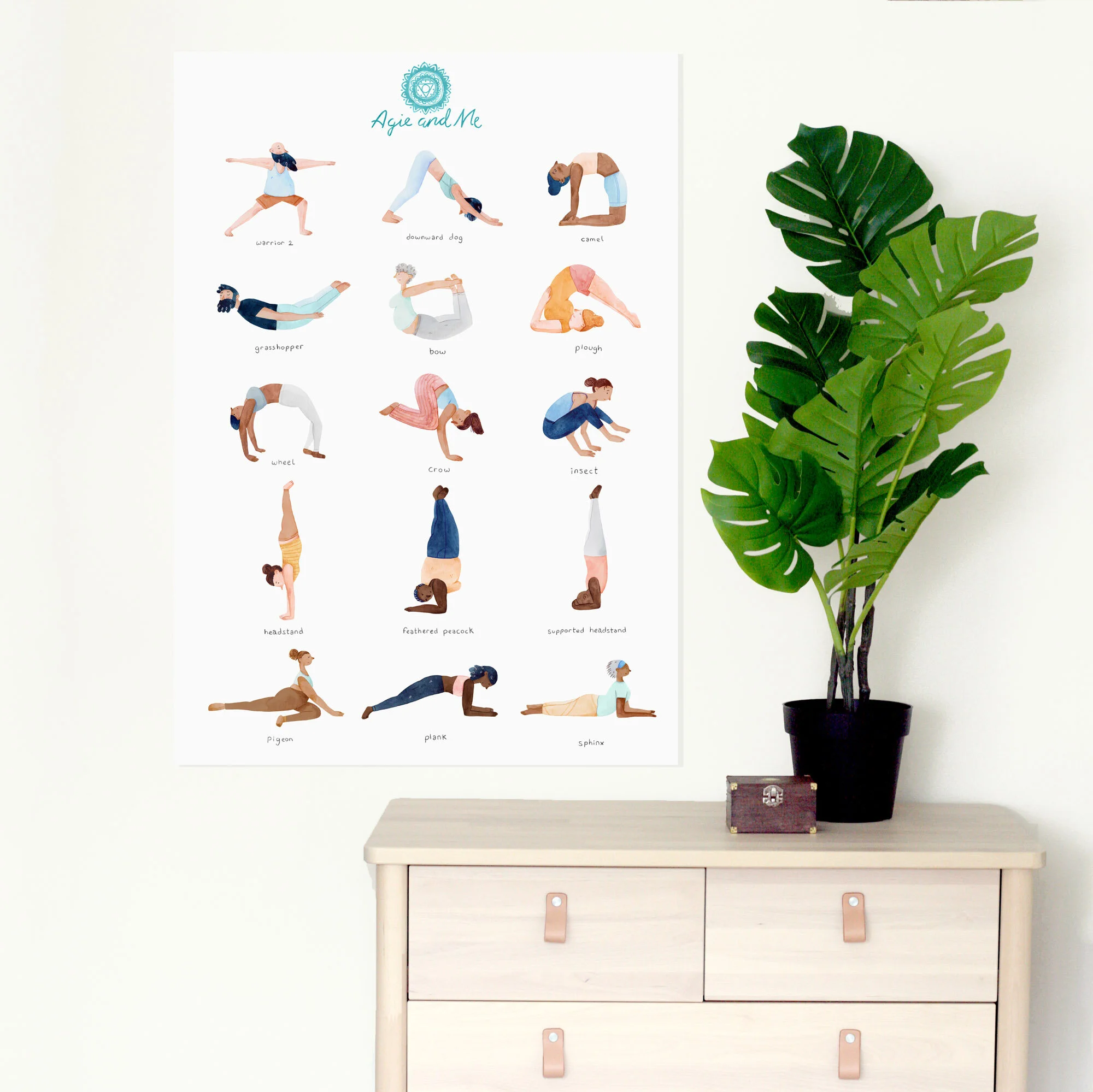 Yoga Poses Poster displayed on a wall with a plant