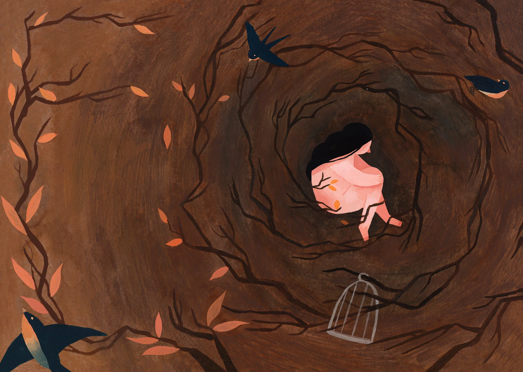 Illustration of a woman laying on the ground with roots and birds