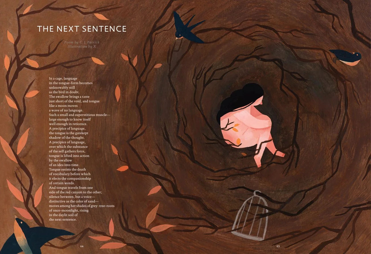 Magazine illustration spread of a woman laying amongst roots and birds
