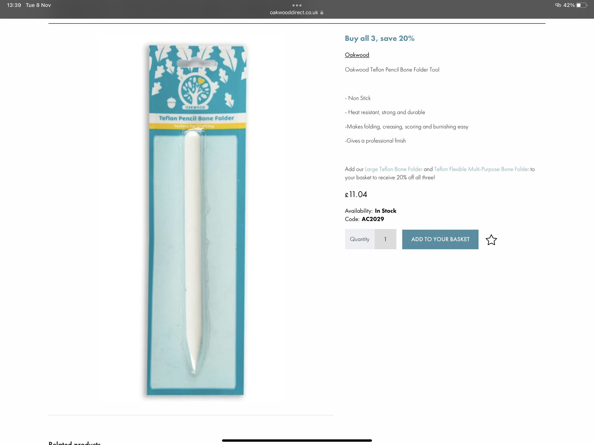 Oakwood Teflon Pencil Bone Folder Tool