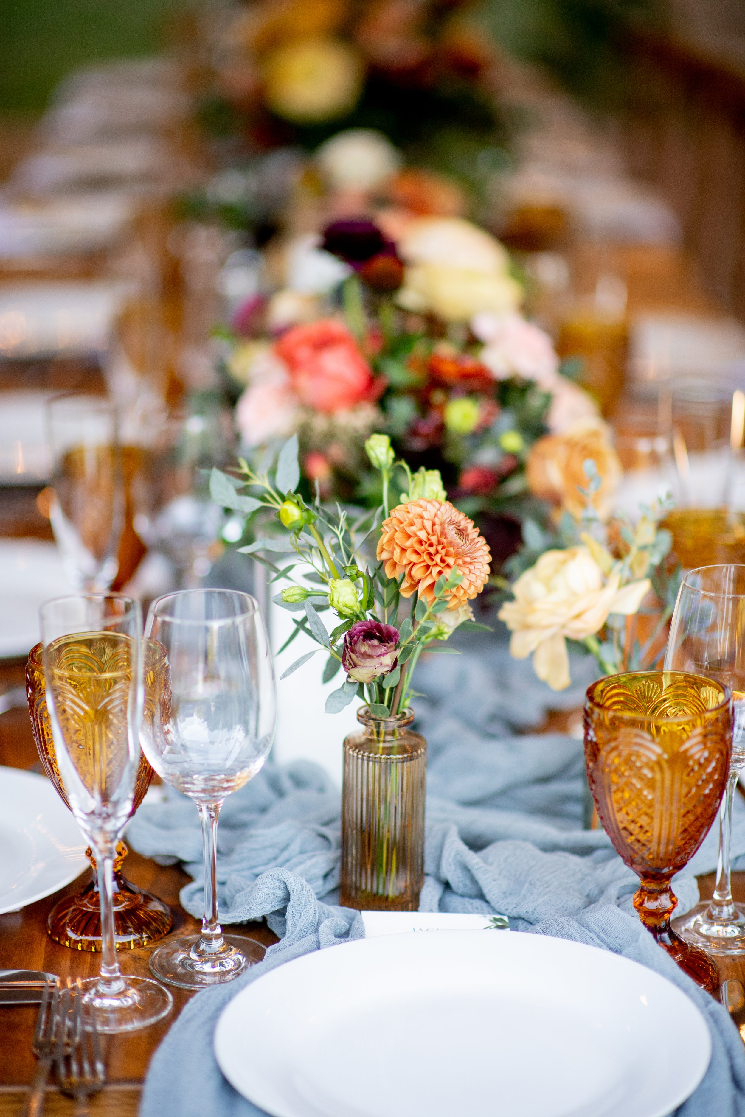  Backyard Wedding, Intimate Wedding, Family Style, Farm Table, Blue Runner, Amber Goblets, Dahlia Bud Vases 