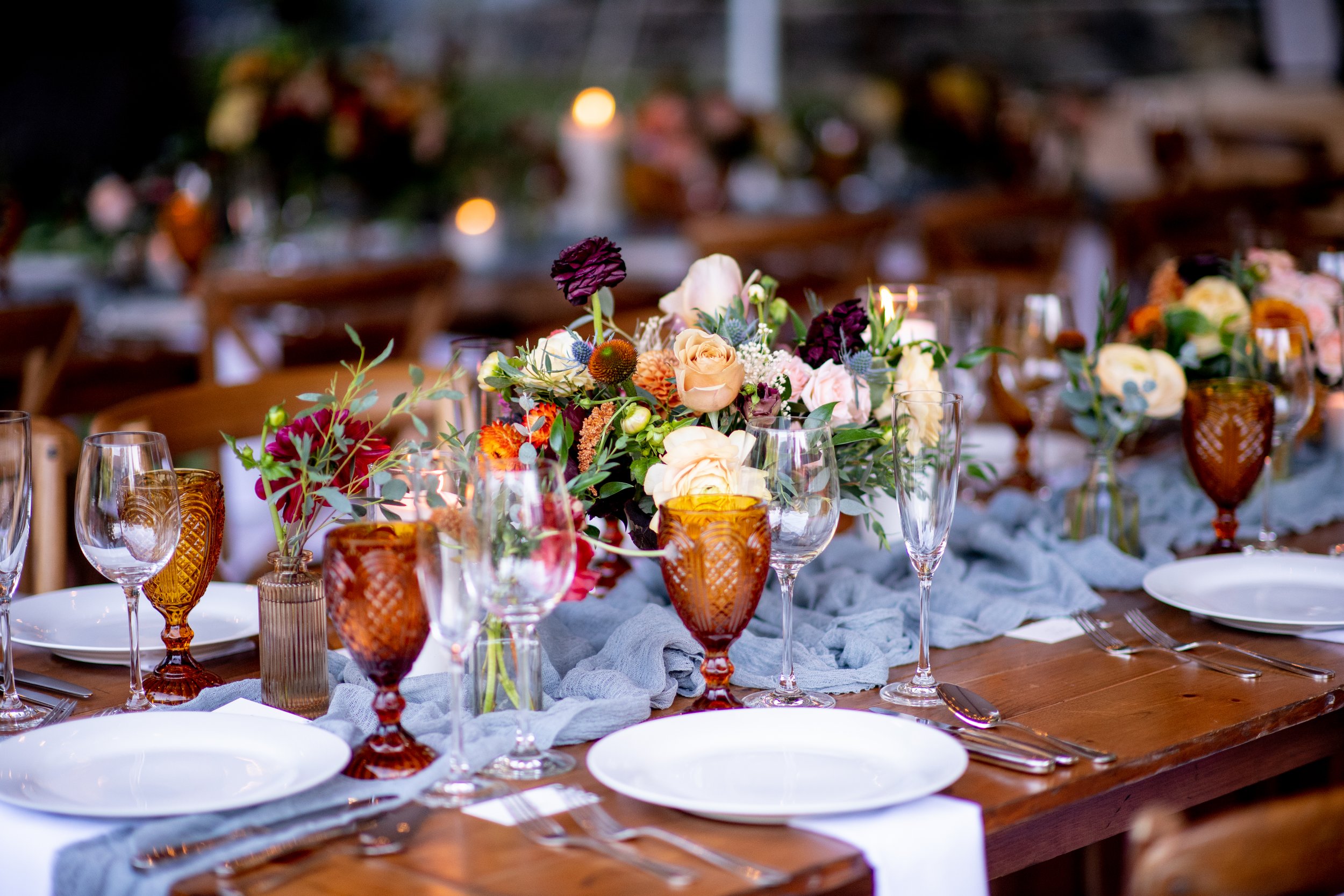  Backyard Wedding, Intimate Wedding, Family Style, Farm Table, Blue Runner, Amber Goblets, Dahlia Bud Vases 