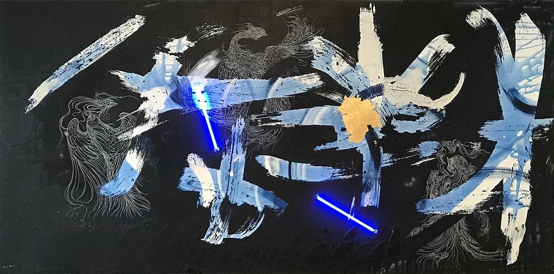 Acrylic, pen,gold leaf and neon light on wood
120x240cm
2019
Private collection