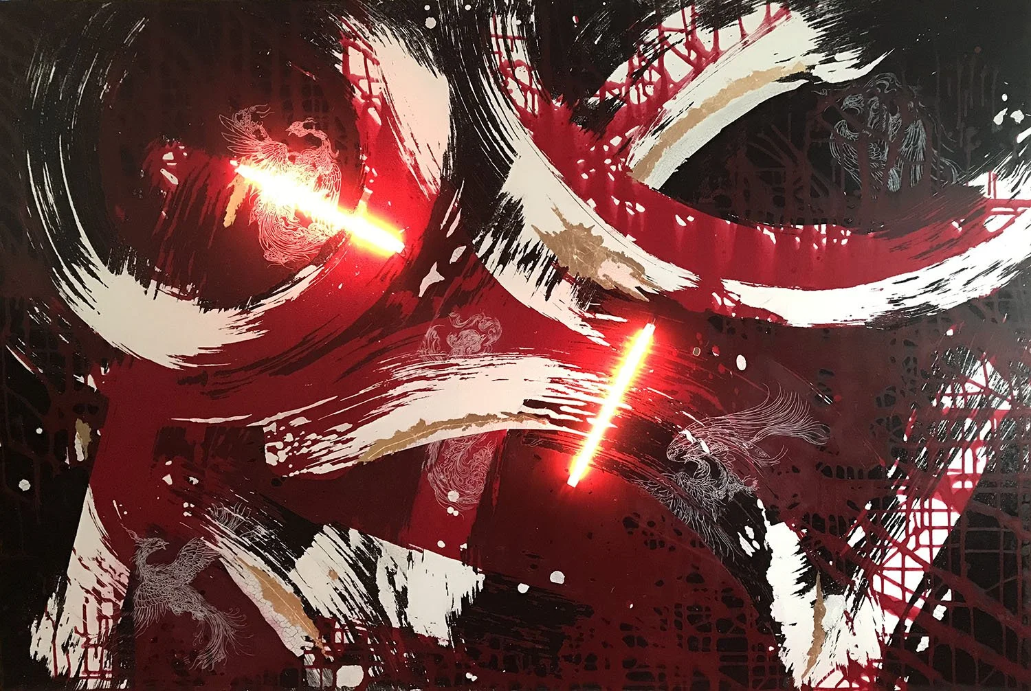 ‘Interrupted’
Acrylic,pen,gold leaf and neon light on wood
120x180cm
2019
Private collection