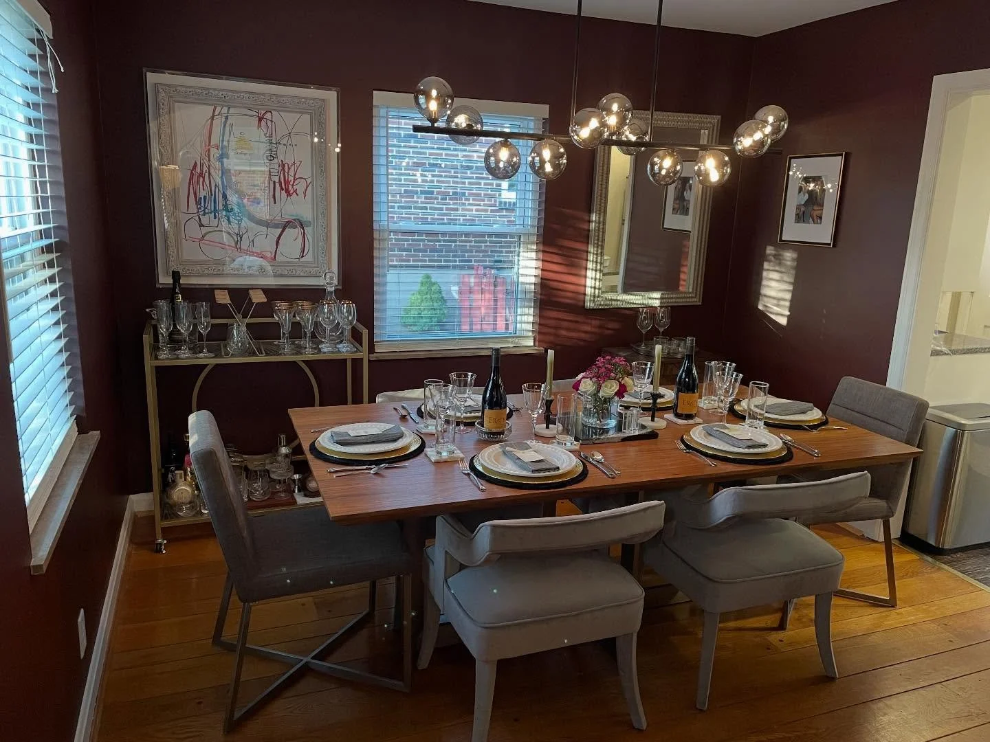 Dining room ephup!! 🍇🍽️🕯️

I loved our dining room table, but felt like the size was dwarfing the room. As it turns out&hellip; the chandelier was centered on the room- not on the window! I had the electrician move it over 6&rdquo; (which he was s