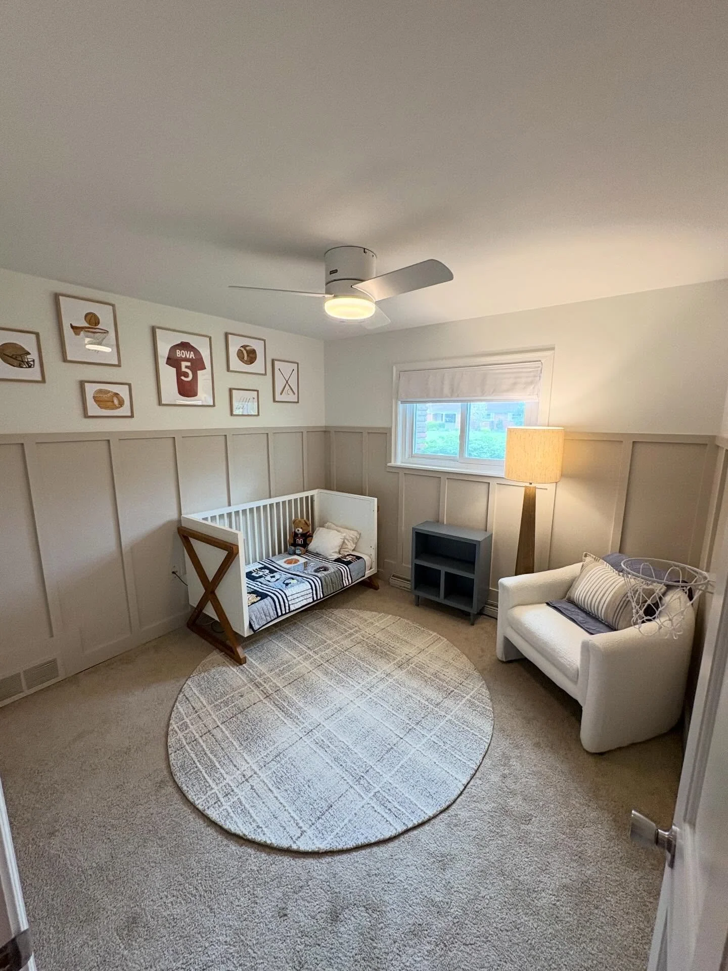 A sports-themed room for William!!!! 
⚽️🏀🏈⚾️⛳️ 

Swipe for before pics and a progress shot of the applied molding!! So much fun doing another project with one of my favorite families!!! 🥰💙