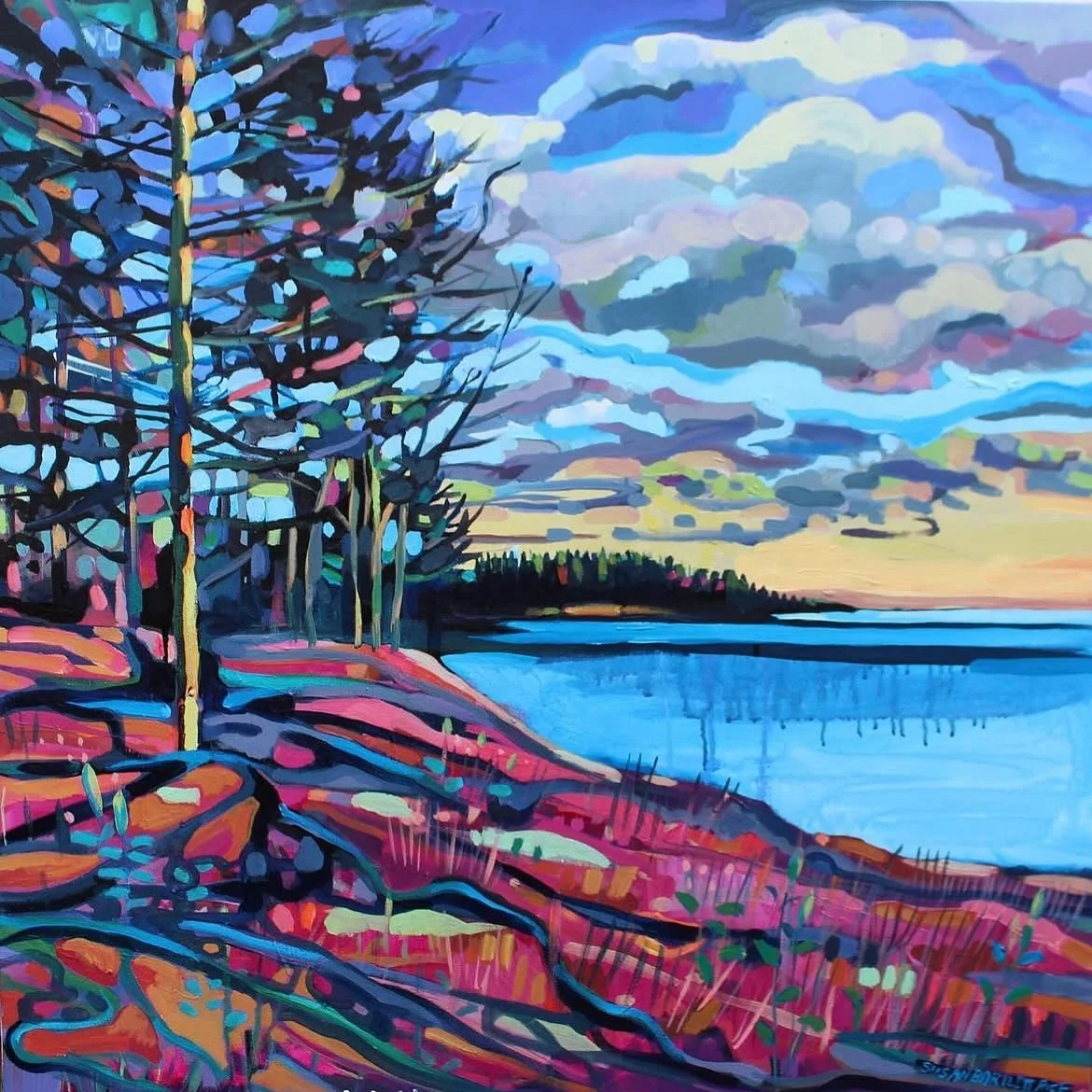 The earlier evening darkness this week has been accompanied by beautifully colorful sundown skies

Susan Bartlett Rice
&ldquo;Blushing Eventide&rdquo;
Acrylic on canvas 
2020 sold
