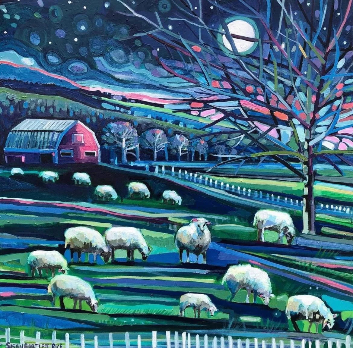 A wintertime full moon never disappoints. I caught last night's moon rising on my drive home 🌕

Susan Bartlett Rice
"Full Moon Flock"
30x30
2020 (sold)