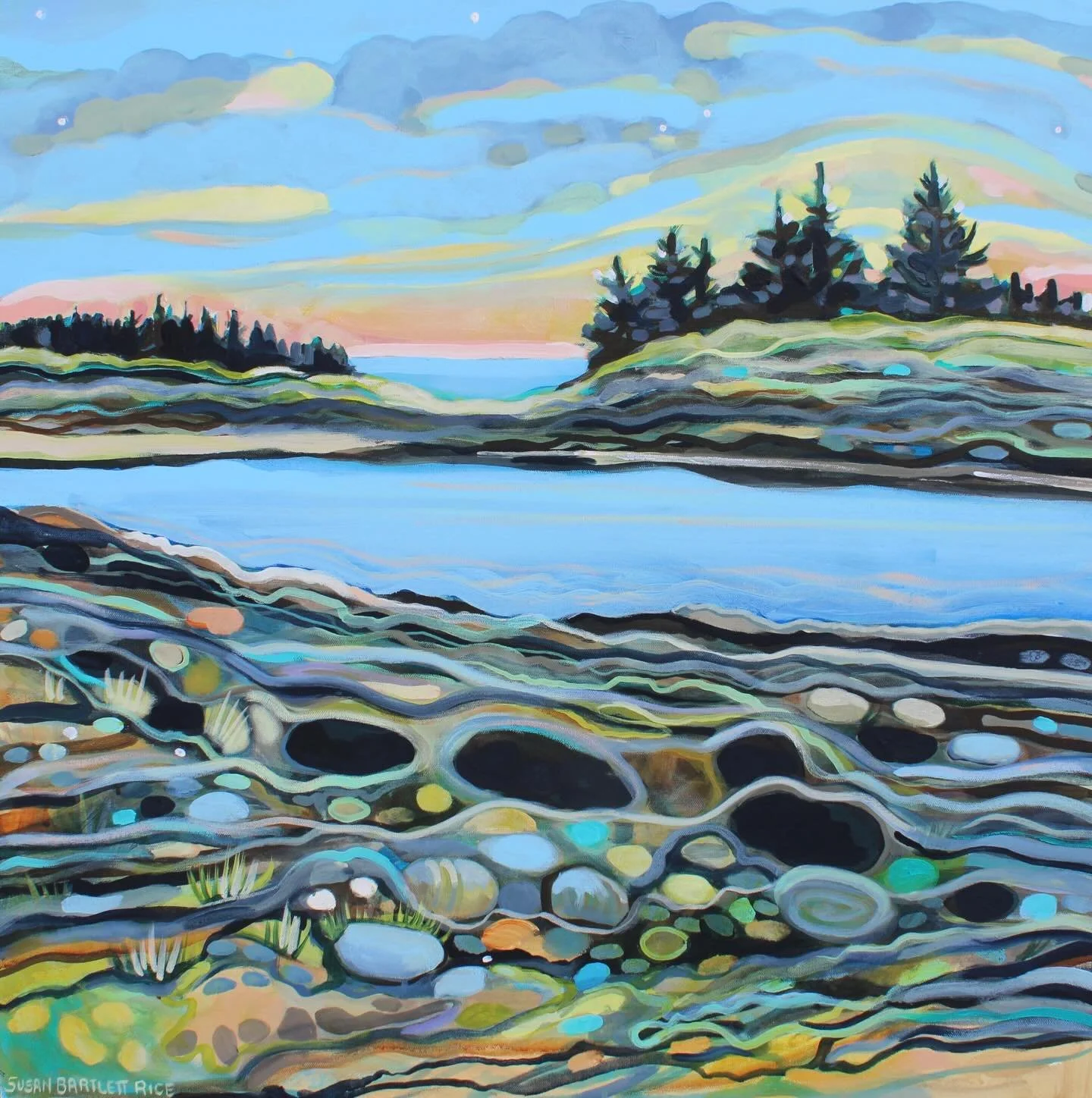 We've made to 5pm sunsets!! 🌅 
The days are noticeably lengthening and the winter skies are showing off 

Susan Bartlett Rice
"Cove at Twilight"
30x30
2025
Sold