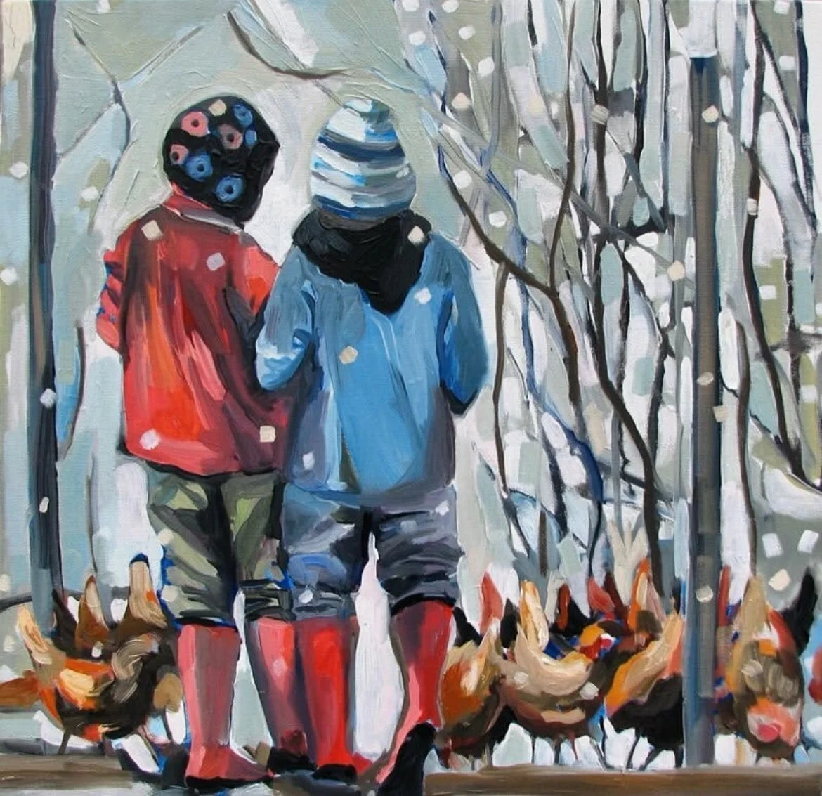 Happy Birthday to my nieces who turn 28 today! Here's a throwback to a painting that they (unknowingly) modeled for when they were 5 ❄️🐓
That went fast!! 

Susan Bartlett Rice
"Feeding Chickens in the Snow"
20x20
2003