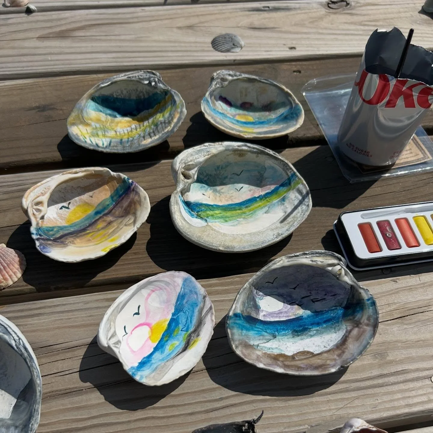 One of my favorite childhood memories is painting big clam shells with my grandmother. We would set up a card table and get out watercolors &amp; paint the shells we picked up on the beach: no agenda ~ no expectations ~just painting for the fun of it