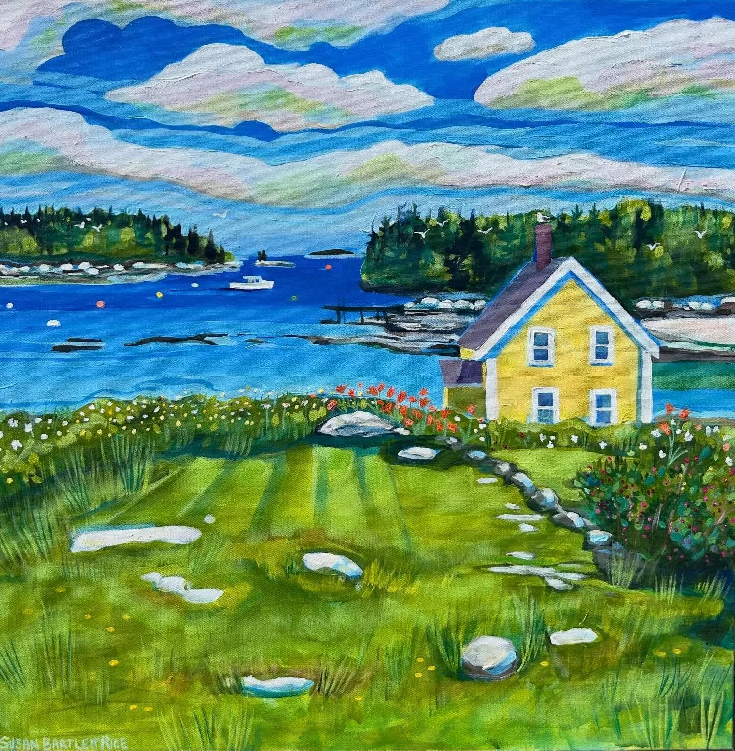 What a beautiful view looking out from this yellow house 💛Maine at its best is coming up next ☀️

Susan Bartlett Rice 
"Loud's Island View"
30x30
2026 
Commission (nfs)