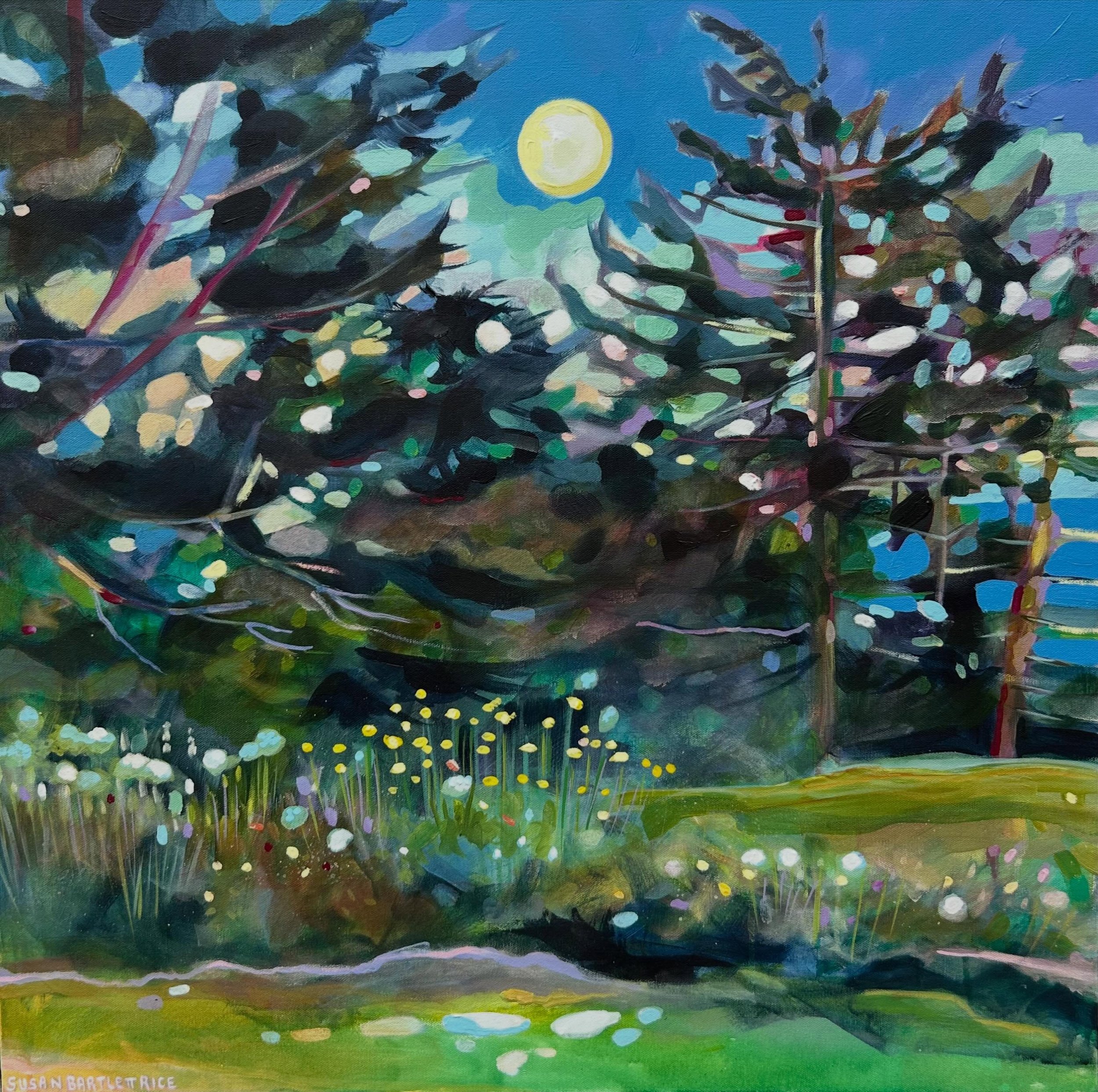 walking barefoot in a seaside flower garden under the glow of a full moon ... summer nights are around the corner 

*New Work*

Susan Bartlett Rice
"Moon Garden"
30x30
Acrylic on canvas
2026 
Available online