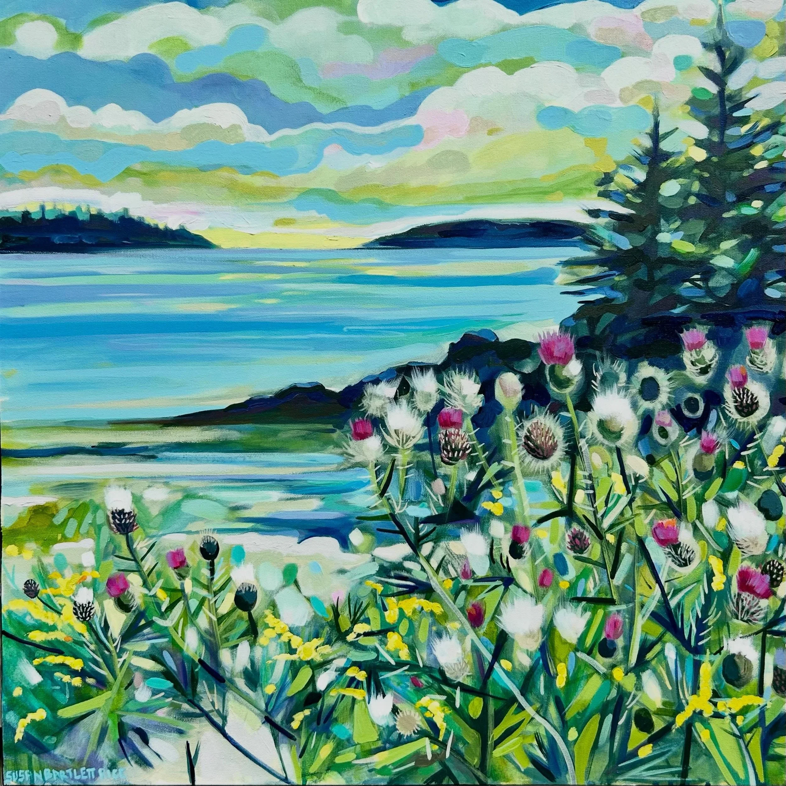 Thistles grow wild along our shoreline. Hearty and perfect for pollinators, 🐝🦋 their pop of purple is a welcome addition to Maine's summer palette 

Susan Bartlett Rice
"Sand Cove Thistles"
30x30
Acrylic on canvas 
2026 
Sold 🔴

Maine Pa