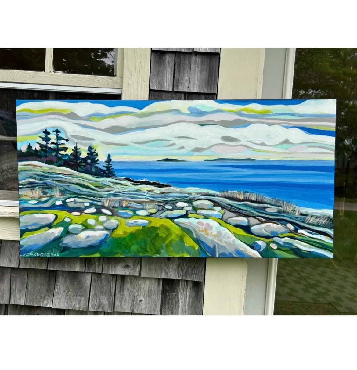 With so many coves and inlets on the jagged coast around here, it's always a thrill to stand out on the edge of the open ocean 🌊 

Susan Bartlett Rice
"Pemaquid View"
20x40 
Acrylic on canvas 
2026
🔴Sold

Maine Art
Maine Painting 
New Eng