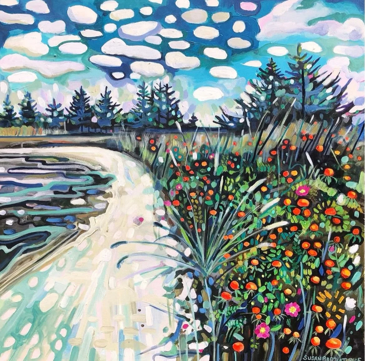I'm painting in my studio but I'm daydreaming about the beach. The rose hips (which I have always called beach plums) are here for midsummer right on cue 🍅🌸

Susan Bartlett Rice 
"Summers End"
Acrylic on canvas
2020
Sold.