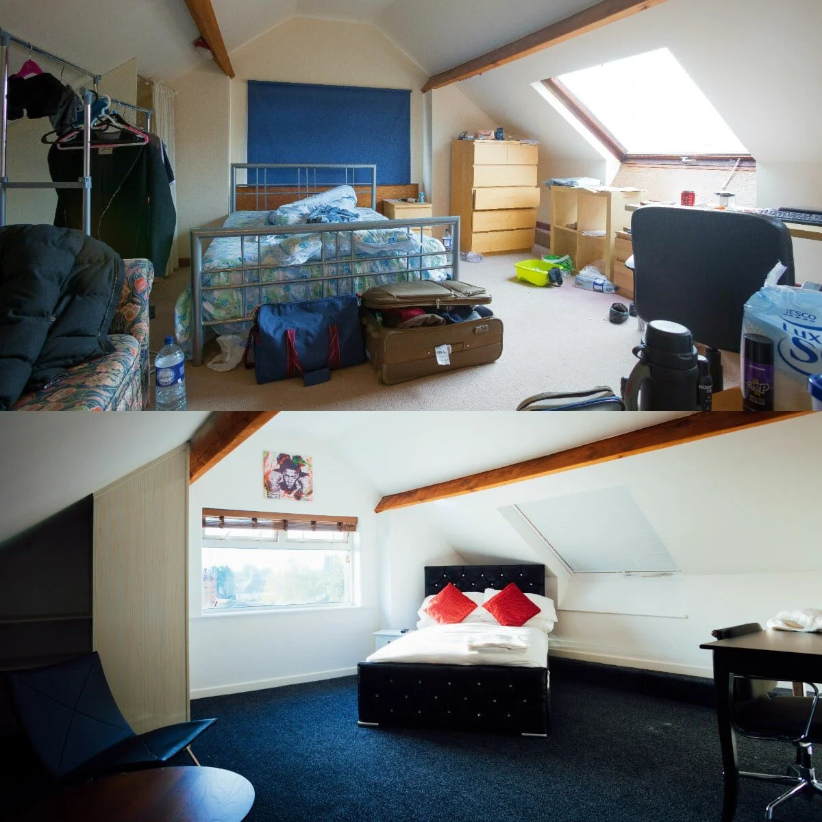 Comparison of a cluttered attic bedroom with a renovated, clean attic bedroom. The first image shows a disorganized room with a metal bed, clothes, and open suitcases. The second image displays a modern, tidy bedroom with a stylish bed, red cushions,