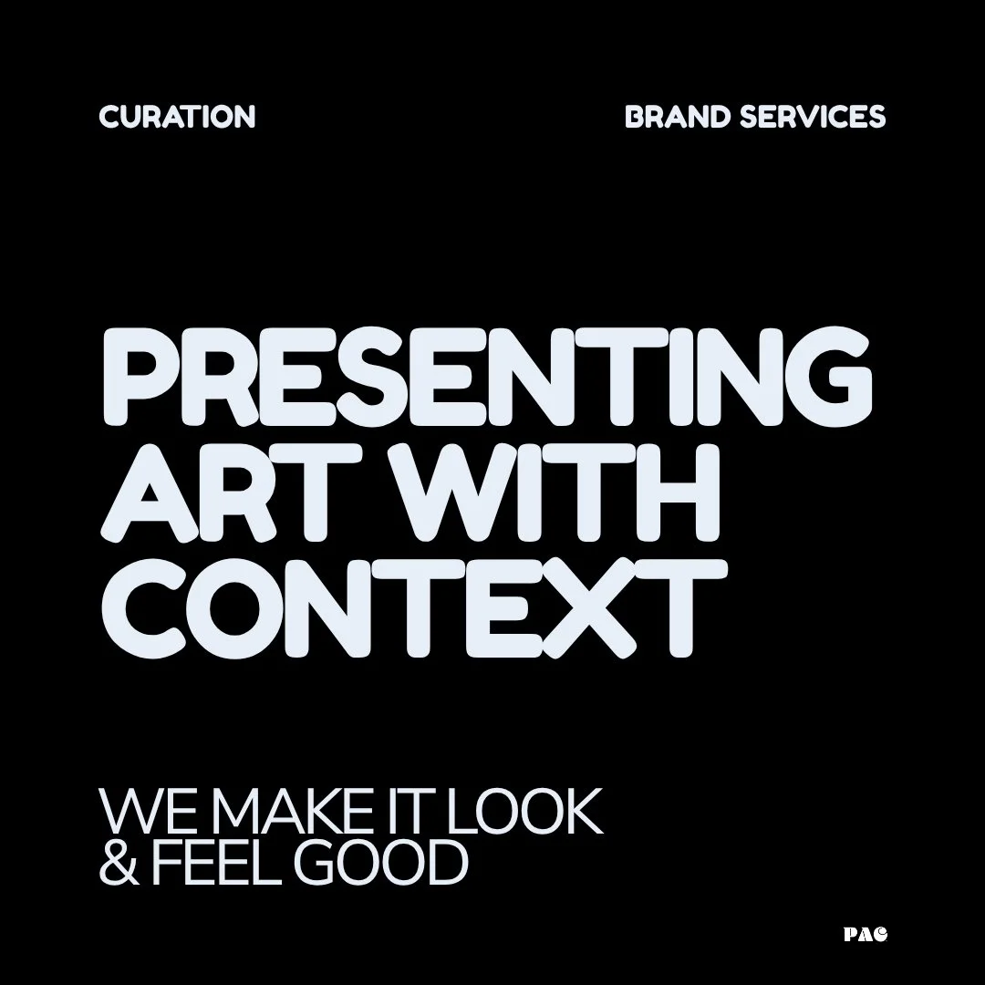 Black background with white and purple text reading 'Presenting Art with Context. We make it look & feel good.' Art Curation Services for Brands and Businesses.