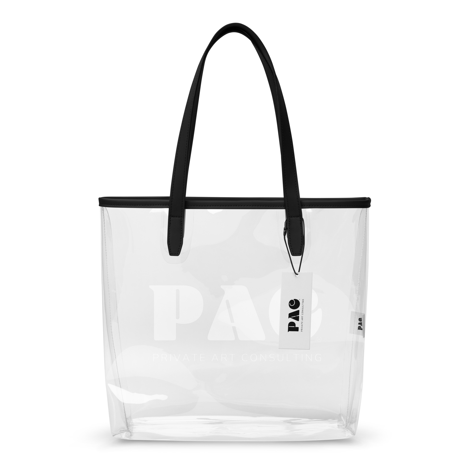 Transparent Pac clear tote bag shown from the front with sturdy handles and minimalist design.