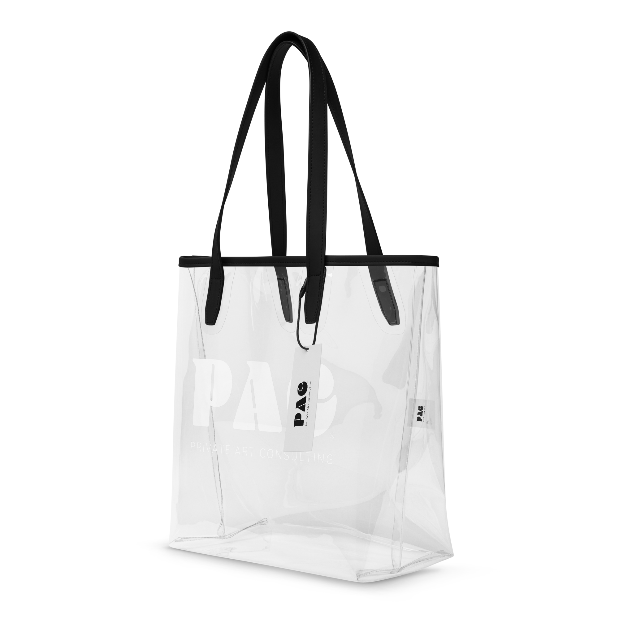 Pac clear tote bag shown from the left-front with sturdy handles and minimalist design