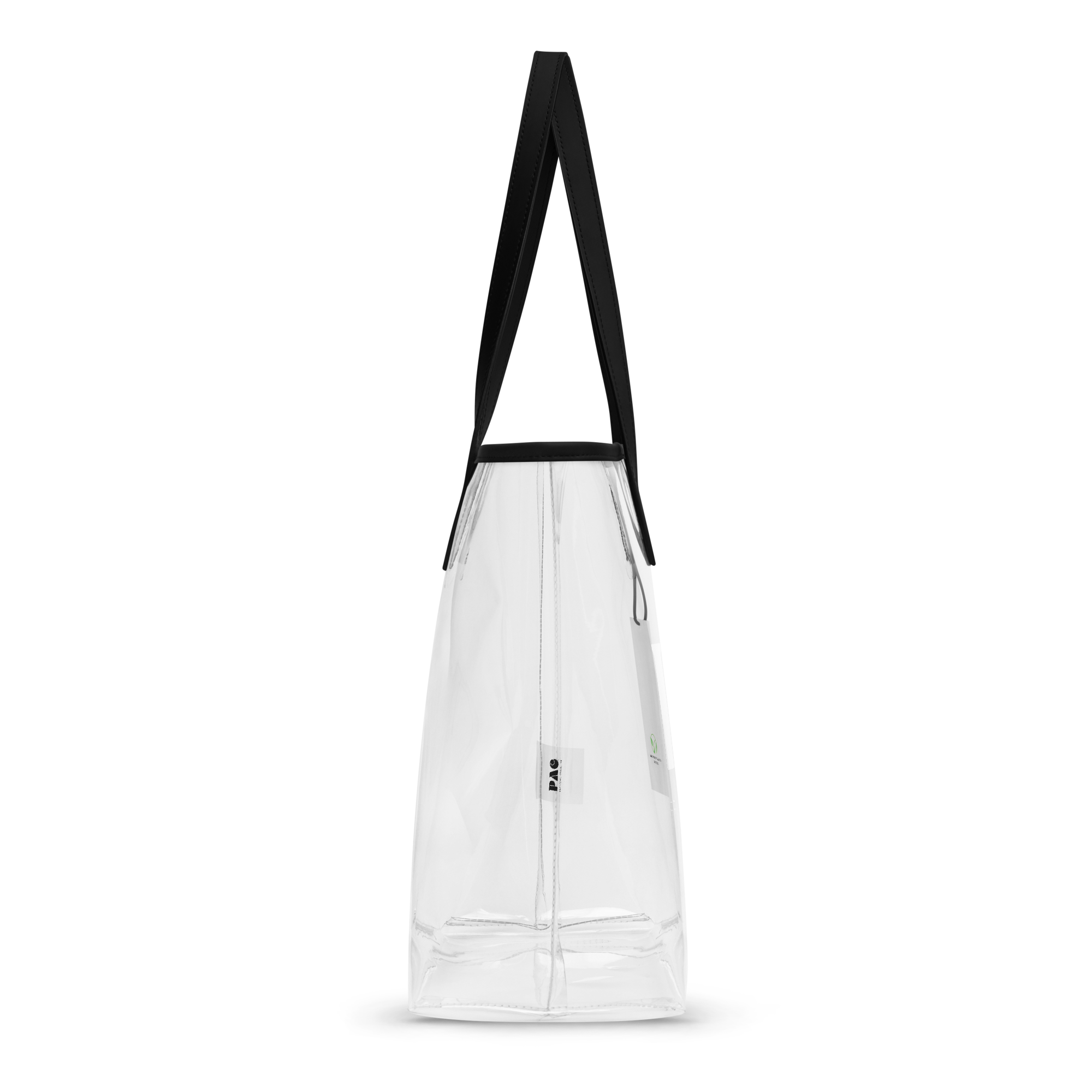 Pac clear tote bag shown from the side with sturdy handles and minimalist design