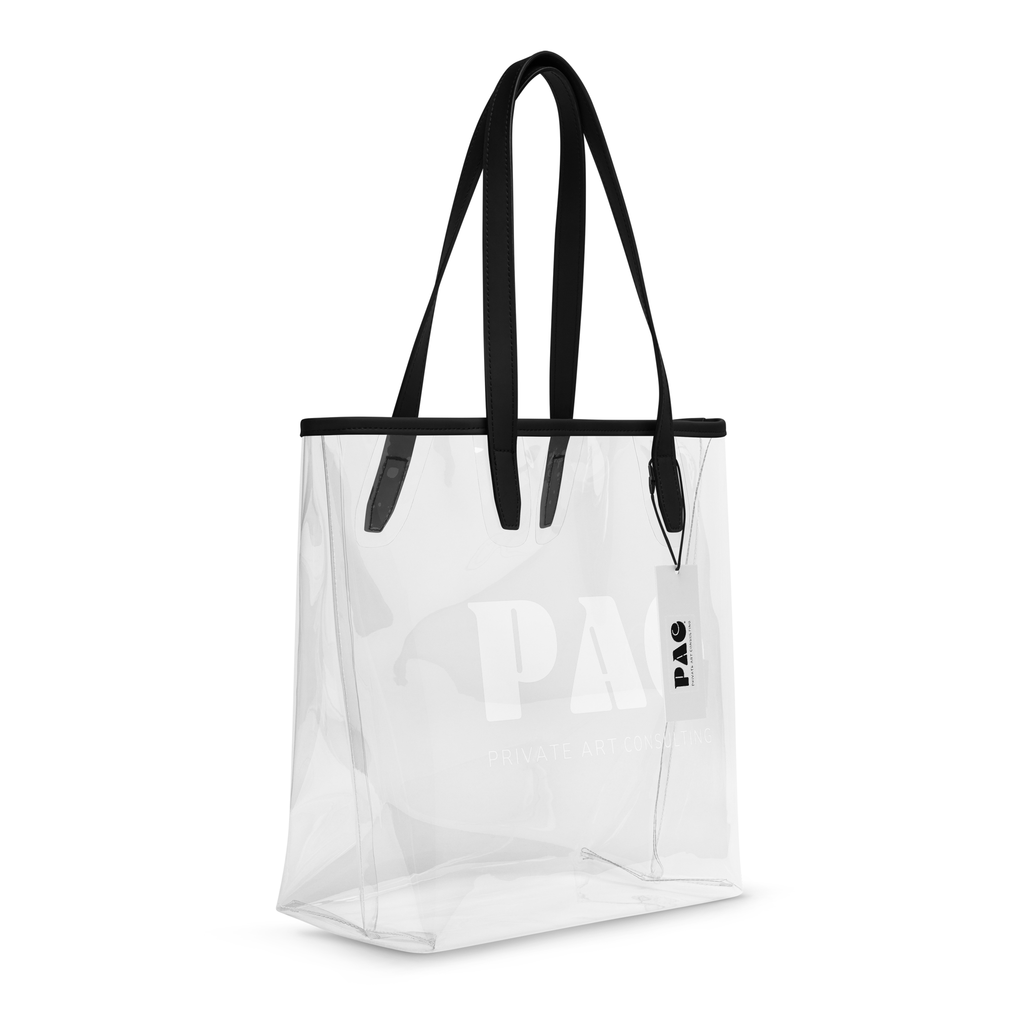 Pac clear tote bag shown from the right-front with sturdy handles and minimalist design