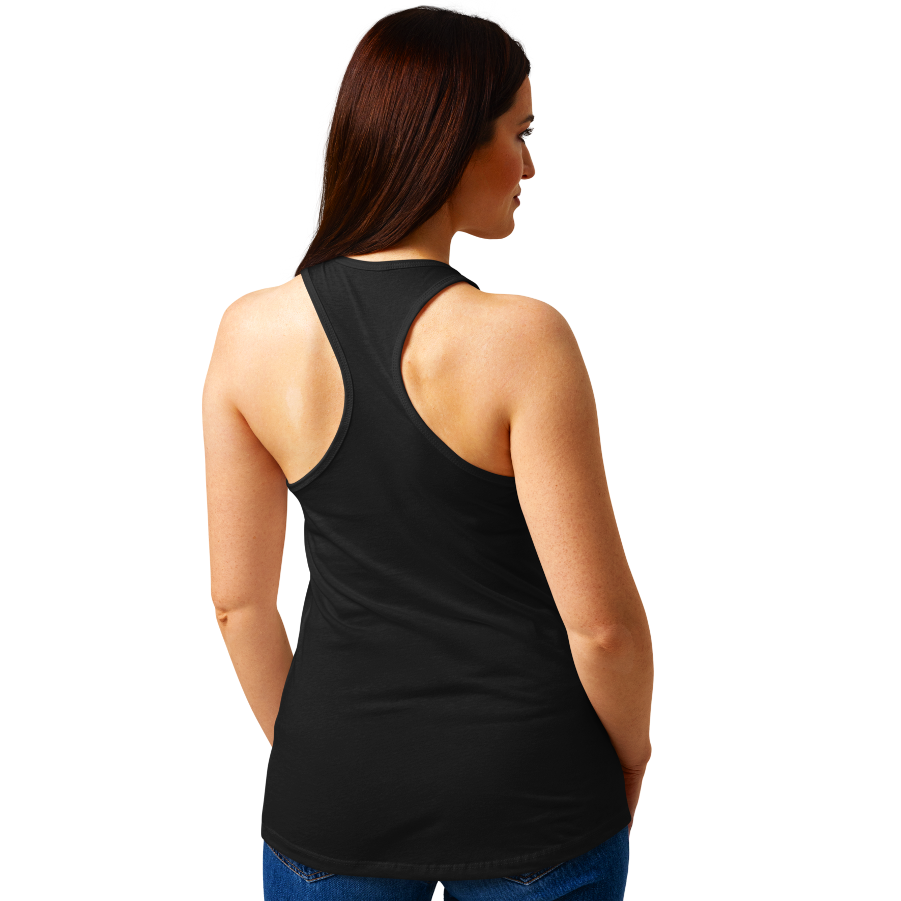 Women’s Citrus Double Kiss tank top on model backview in black with scoop neckline and racerback featuring art by PAC