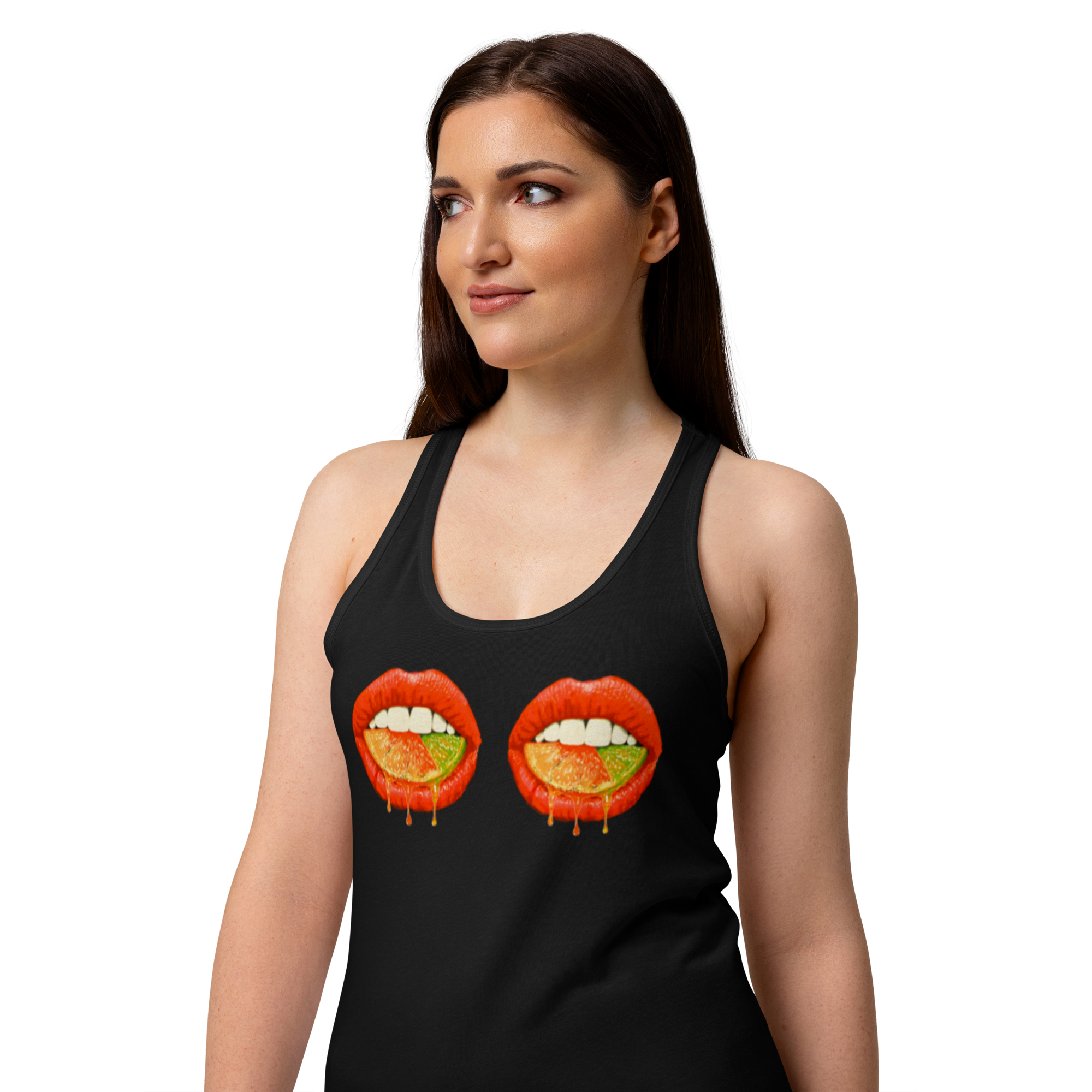 Women’s Citrus Double Kiss tank top on model in black with scoop neckline and racerback featuring art by PAC