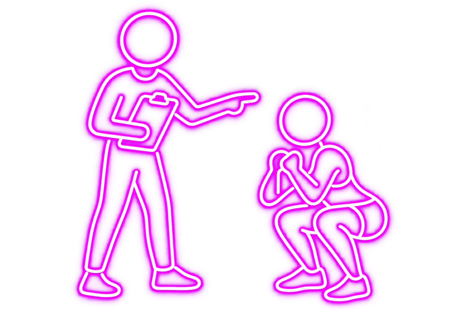 Pink neon outline of a person standing, holding a clipboard, and pointing, while talking to a kneeling person who has their hands together as if asking for help.