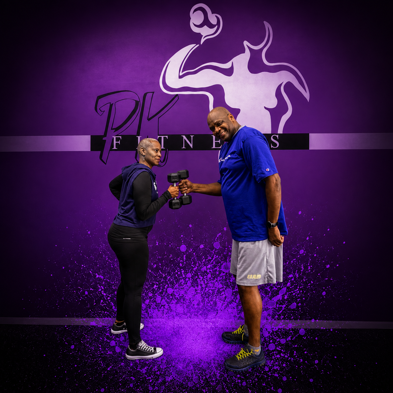 A man and a woman in athletic clothing sharing a fist bump while holding a dumbbell against a purple fitness studio wall with a stylized muscular figure and the words 'PK Fitness'.