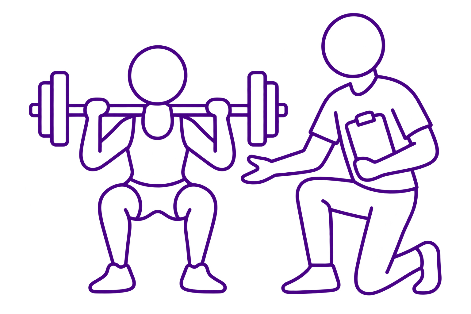 Outline drawing of a person squatting and lifting a barbell, with a trainer kneeling beside them holding a clipboard.