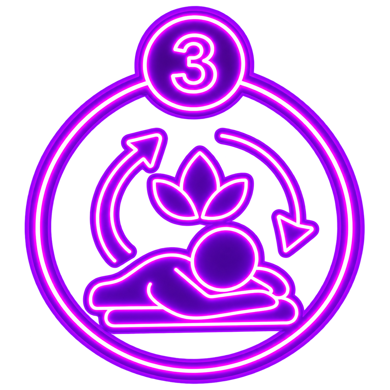 Neon sign with a purple-pink glow depicting a person laying down with a plant growing, surrounded by circular arrows and a number 3 at the top.