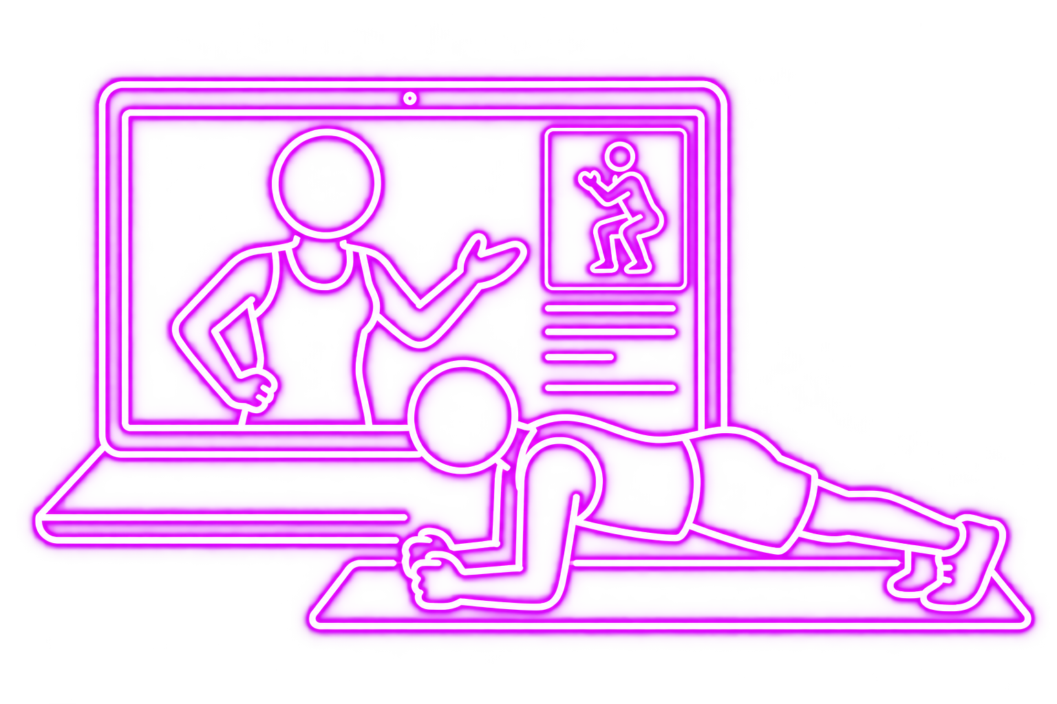 Neon-style purple glow line art of a person doing planks on a yoga mat during a virtual workout class on a laptop, with another person demonstrating exercises on a screen.