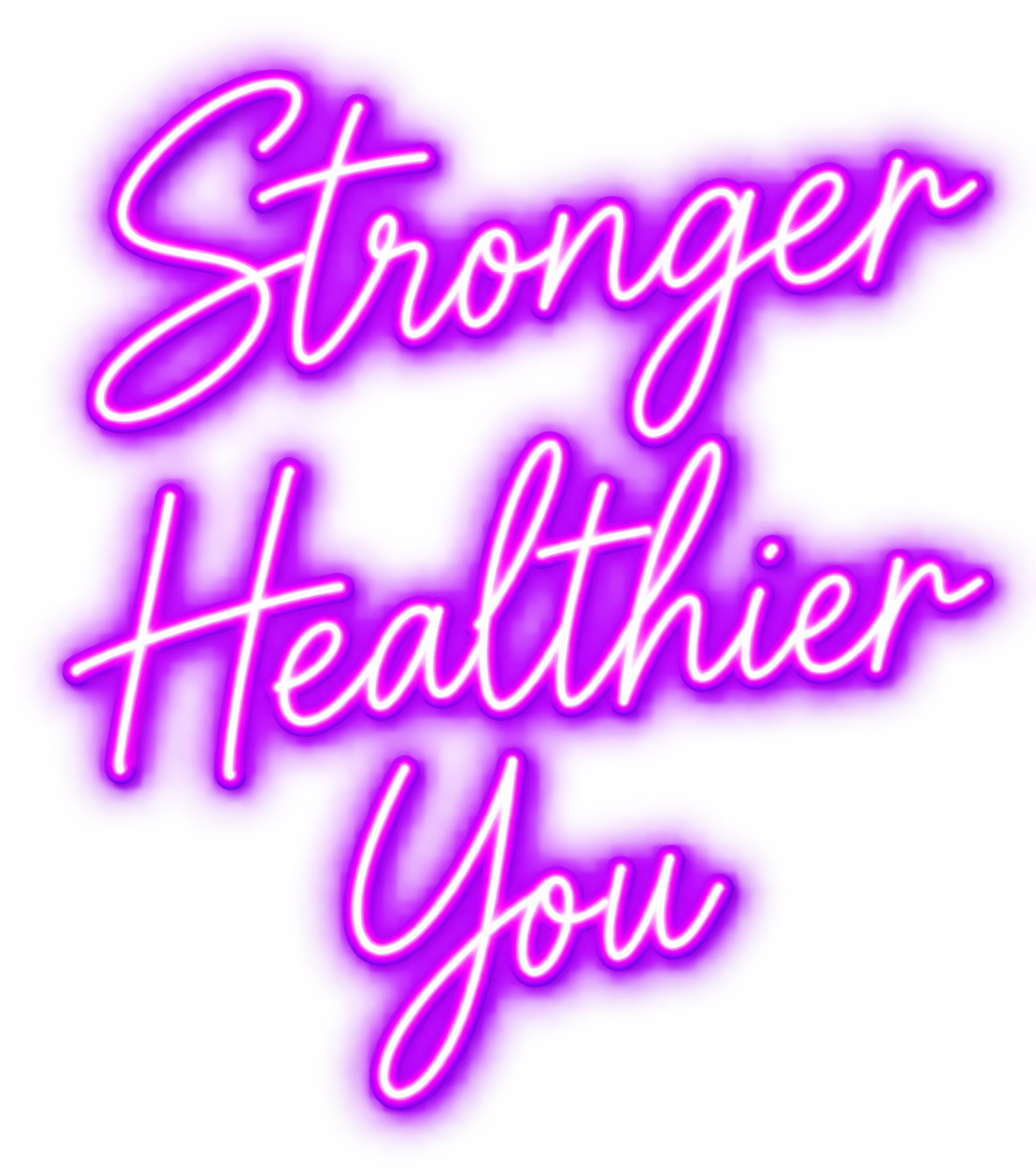 Neon sign with pink and purple lights displaying the words 'Stronger Healthier You' in cursive font.