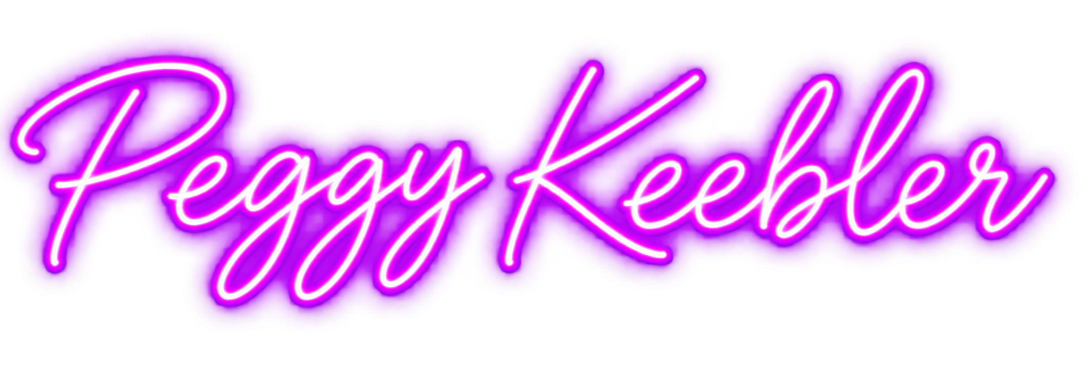 Neon sign with pink and purple lights that reads 'Peggy Kehler' in cursive.