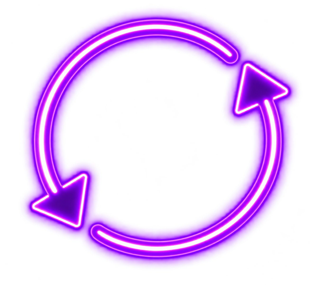 Neon sign depicting a circular arrow with two smaller arrows at each end, glowing purple and pink.