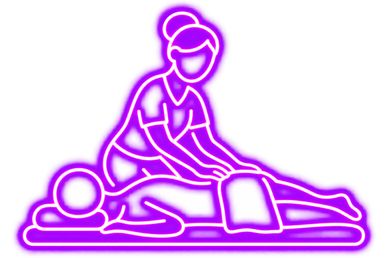 Neon sign of massage therapist giving massage to a client, glowing in purple and pink colors.