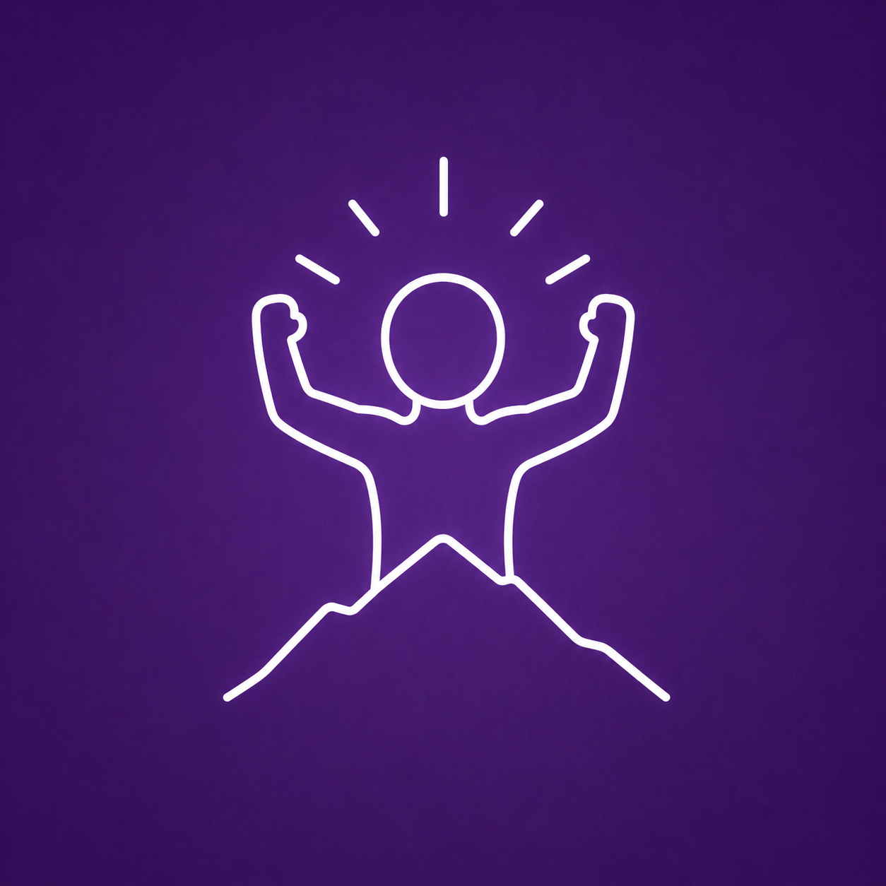 Neon outline of a person flexing their biceps, with rays around the head, standing on a mountain against a purple background.