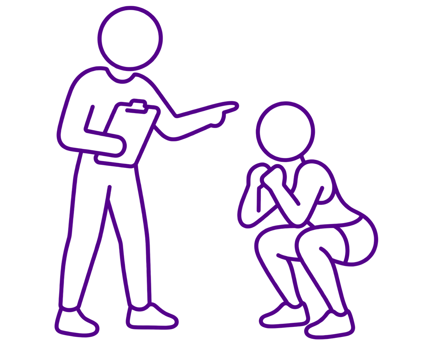 Line drawing of one person standing and pointing at another person who is sitting with hands clasped, both outlined in purple.