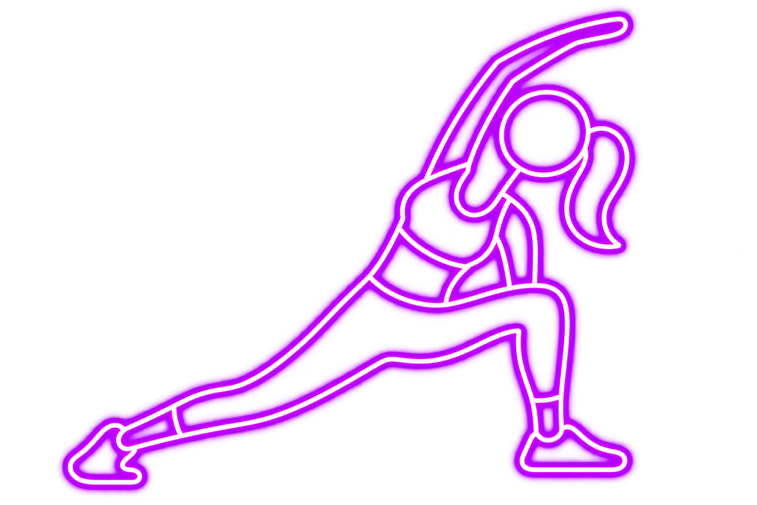 Neon purple outline of a woman doing a stretching exercise, sitting with one leg bent and the other extended, with one arm reaching over her head.