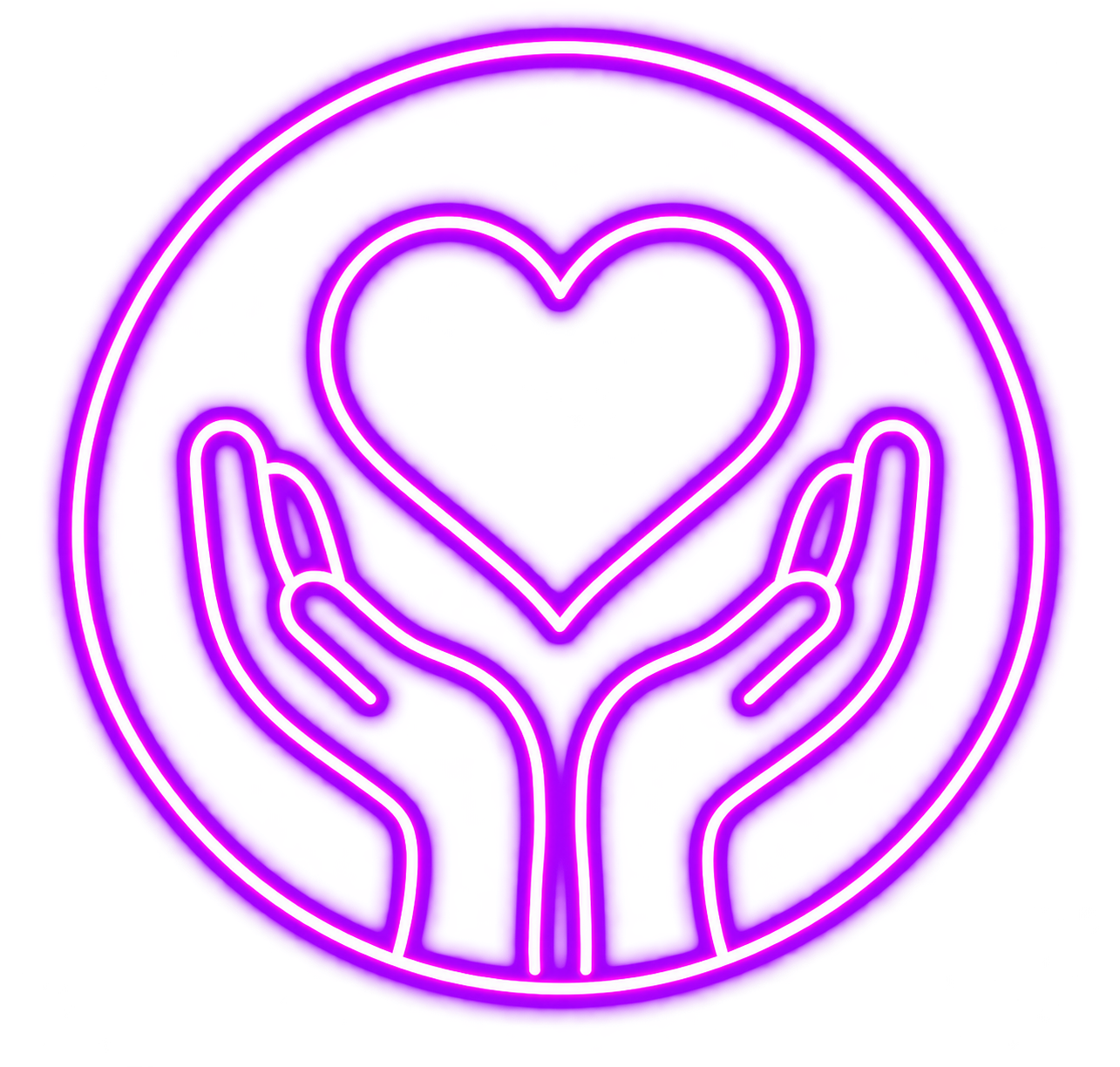 Neon sign of two hands holding a heart, surrounded by a circle, in pink and purple colors.