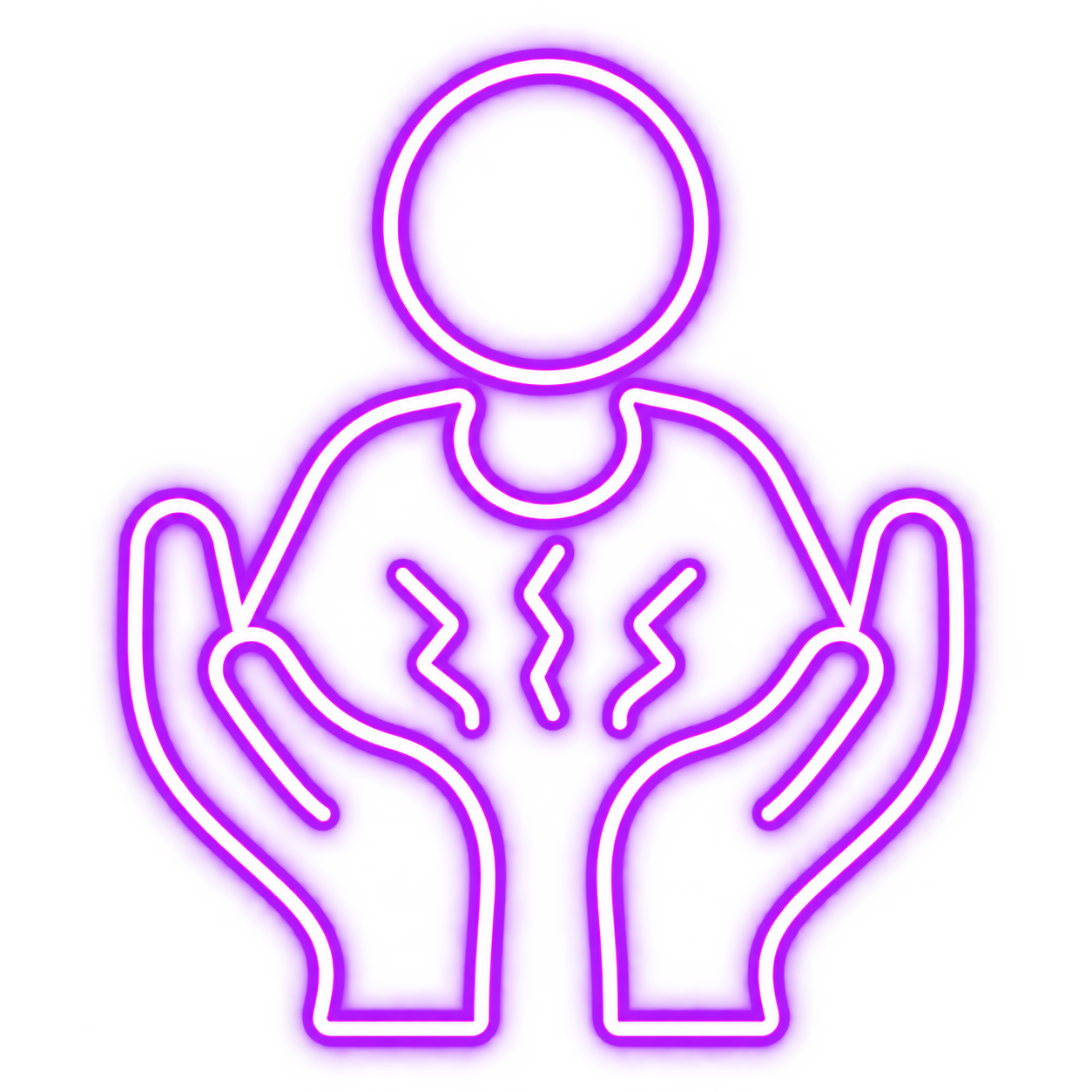 Purple neon outline of a person sitting in a meditative pose with hands on knees, glowing with vibrant pink and purple colors.