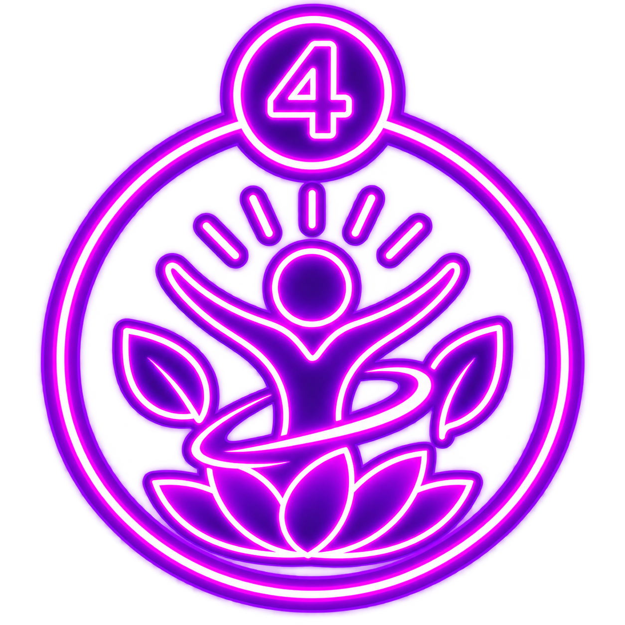 Neon sign depicting a human figure with raised arms inside a lotus flower, surrounded by leaves, with a number 4 at the top.