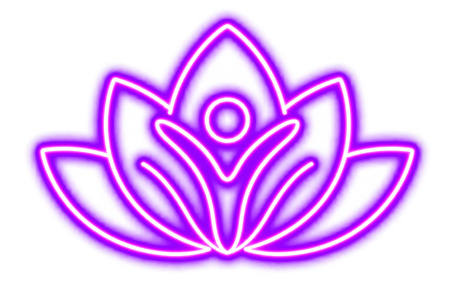 Neon purple lotus flower with a person meditating silhouette at the center, glowing against a black background.