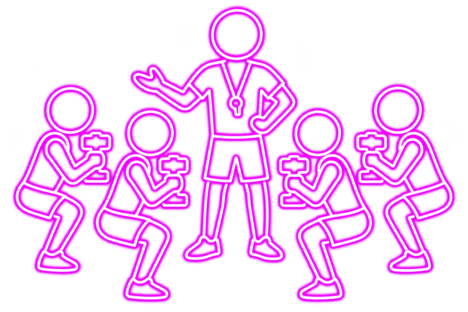 Neon outline of a group fitness instructor holding a whistle and standing with arms raised, surrounded by four kneeling individuals holding dumbbells, all depicted with pink and purple neon lines.