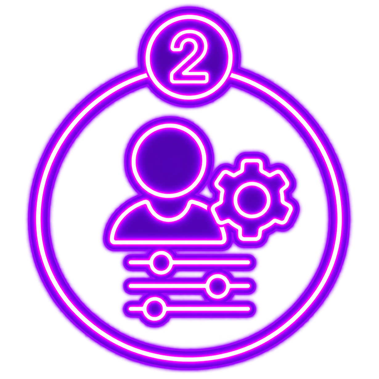 Neon icon of a person with a gear and sliders, labeled with number 2, indicating settings or user profile customization.