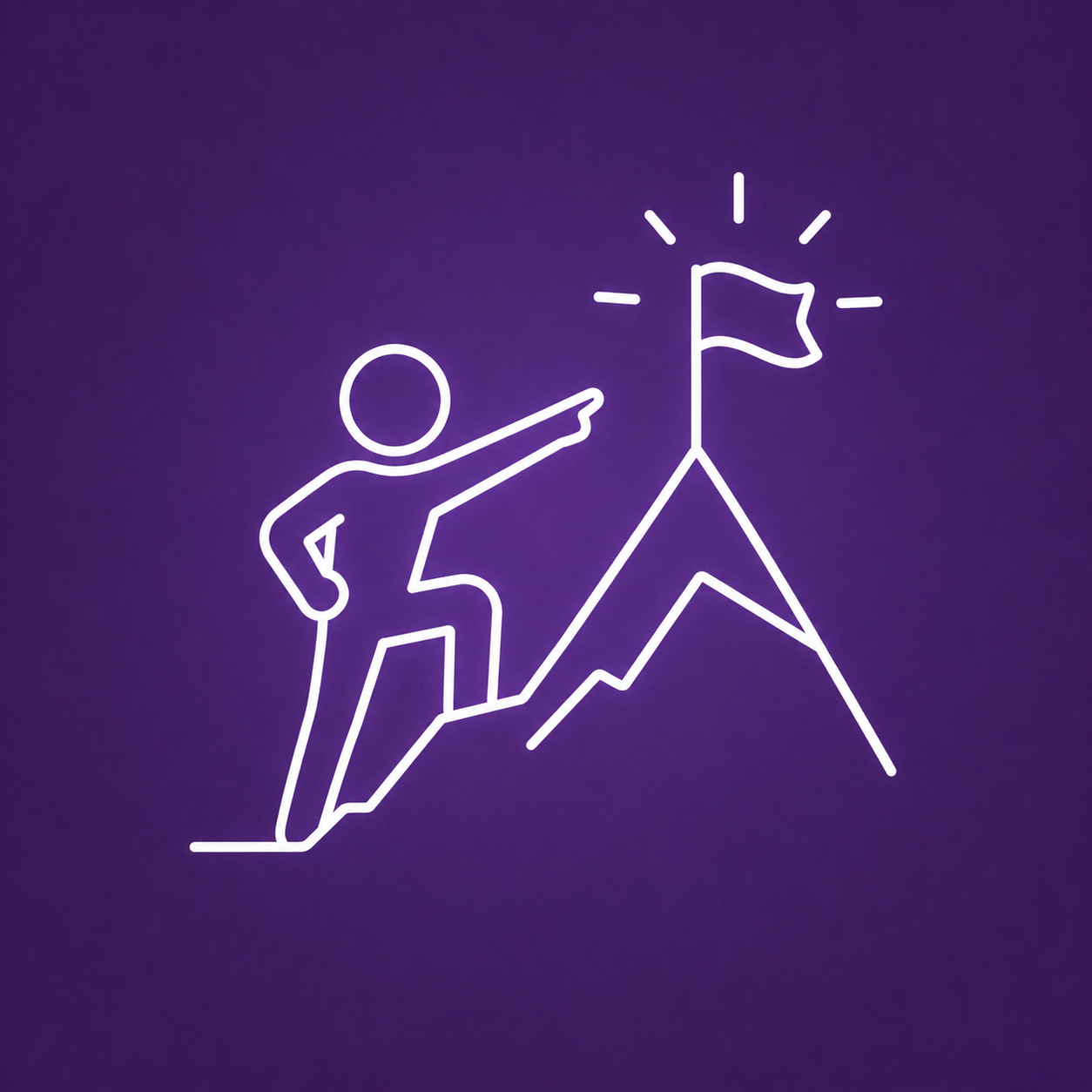 Neon outline of a person climbing a mountain and reaching a flag at the summit.